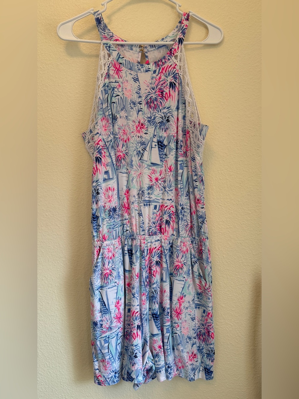 Lilly Pulitzer Lala Romper Sea to Shining Sea Fireworks Sailboats Pockets L